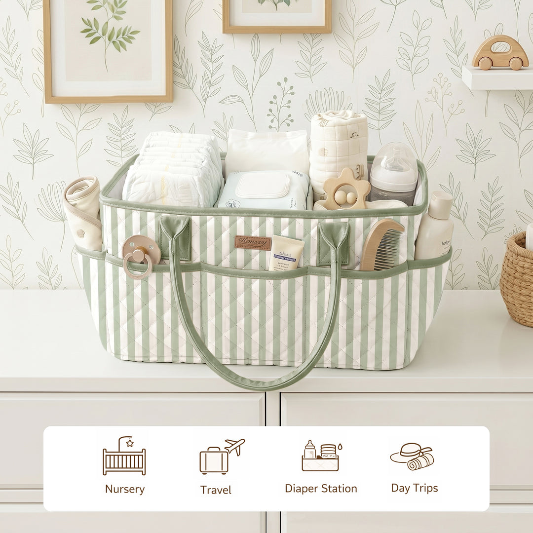Konssy Quilted Diaper Caddy Organizer, Diaper Caddy Basket with Vegan Leather Handles, Water-Repellent Nursery Storage Basket, Portable Car Organizer, Registry Search Must Haves