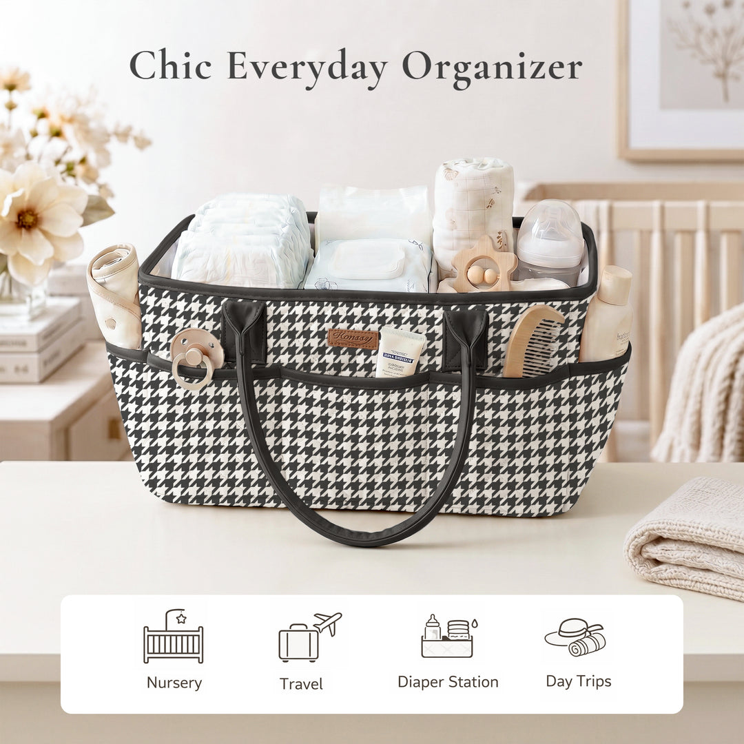 Konssy Quilted Diaper Caddy Organizer, Diaper Caddy Basket with Vegan Leather Handles, Water-Repellent Nursery Storage Basket, Portable Car Organizer, Registry Search Must Haves