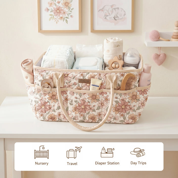 Konssy Quilted Diaper Caddy Organizer, Diaper Caddy Basket with Vegan Leather Handles, Water-Repellent Nursery Storage Basket, Portable Car Organizer, Registry Search Must Haves