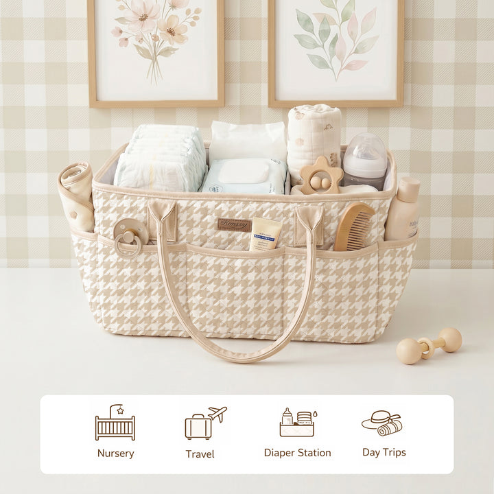 Konssy Quilted Diaper Caddy Organizer, Diaper Caddy Basket with Vegan Leather Handles, Water-Repellent Nursery Storage Basket, Portable Car Organizer, Registry Search Must Haves