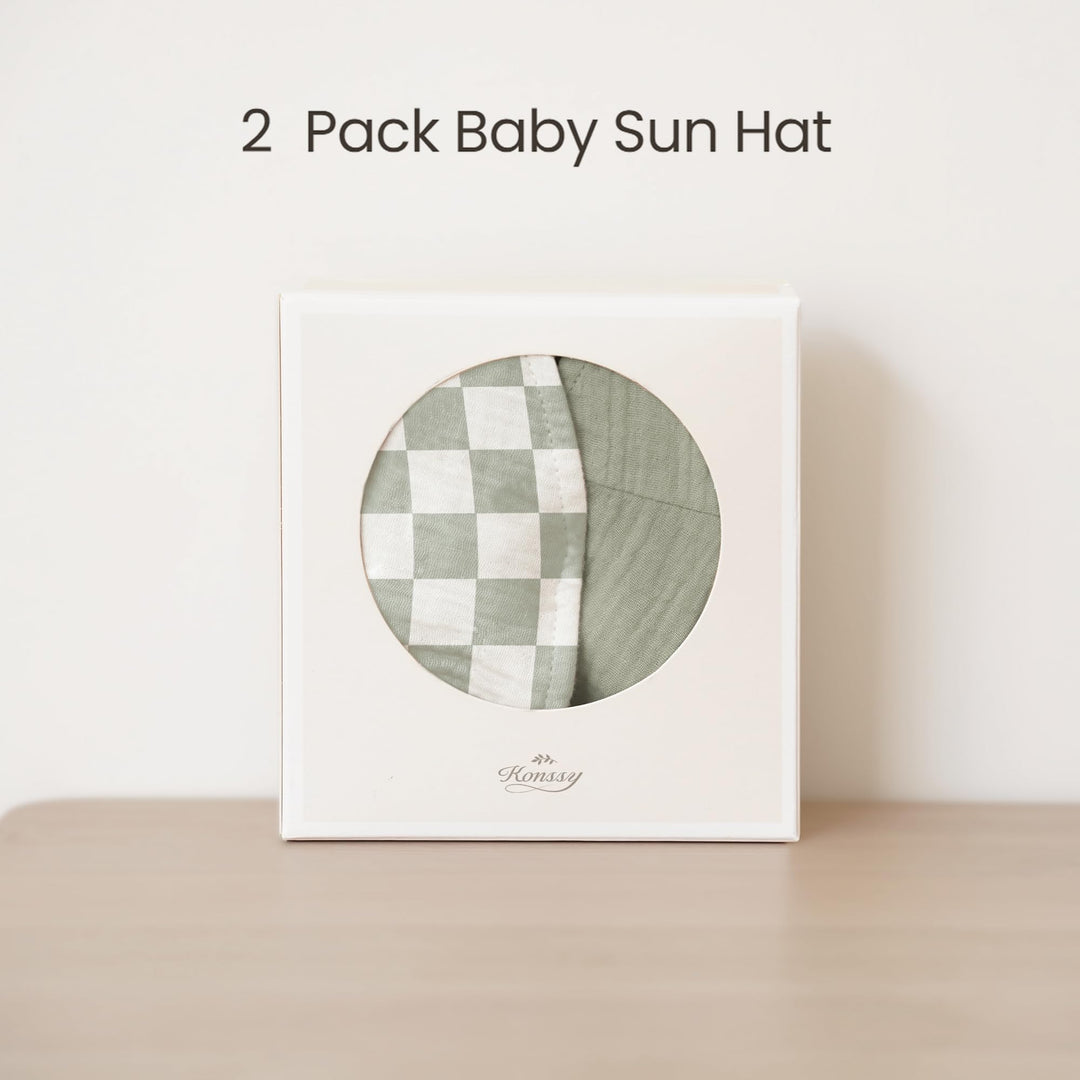 Konssy 2-Pack Muslin Baby Girl Sun Hats with Wide Brim, UPF 50+, 0-6& 6-12M - Fog Green-green Plaid - image 5