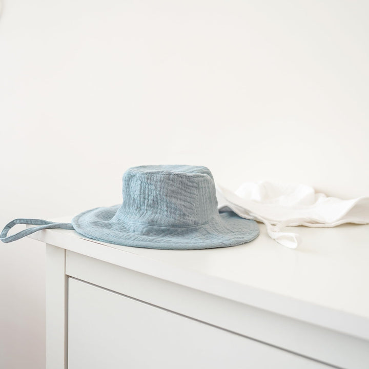 Konssy 2-Pack Muslin Baby Girl Sun Hats with Wide Brim, UPF 50+, 0-6& 6-12M - Blue-white - image 5