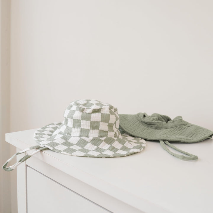 Konssy 2-Pack Muslin Baby Girl Sun Hats with Wide Brim, UPF 50+, 0-6& 6-12M - Fog Green-green Plaid - image 6