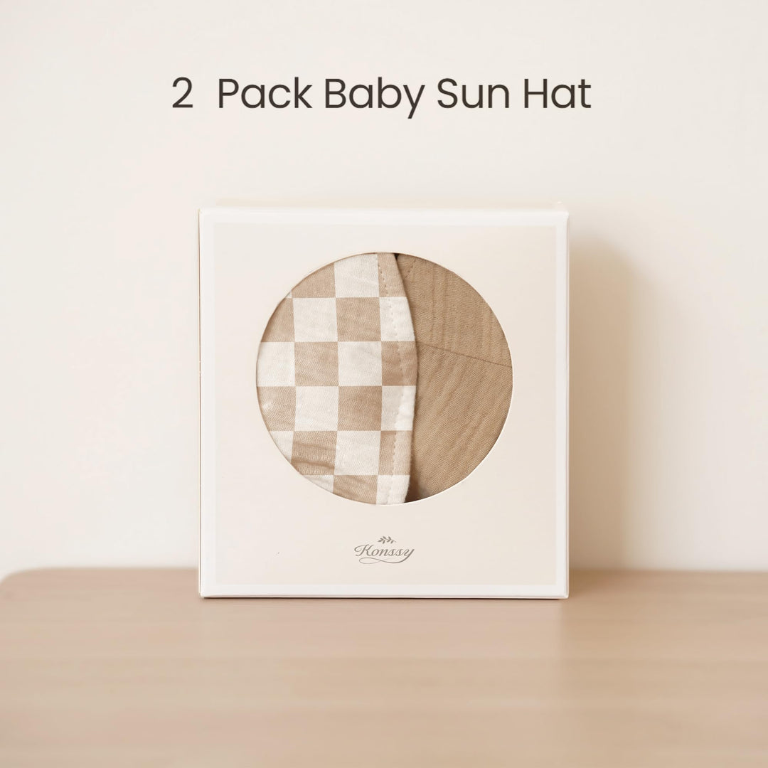 Konssy 2-Pack Muslin Baby Girl Sun Hats with Wide Brim, UPF 50+, 0-6& 6-12M - Camel-coffee Check - image 5
