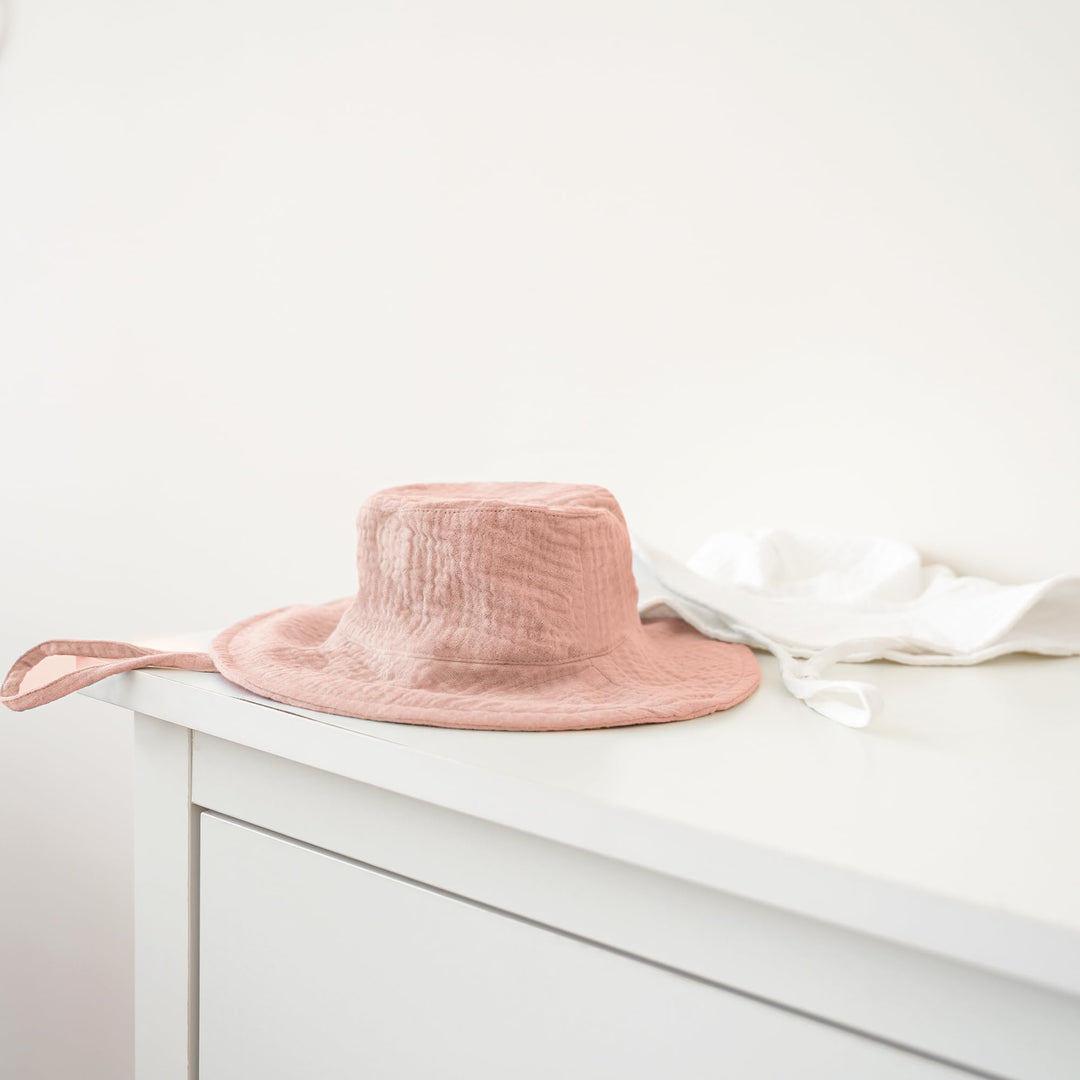 Konssy 2-Pack Muslin Baby Girl Sun Hats with Wide Brim, UPF 50+, 0-6& 6-12M - Pink-white - image 6