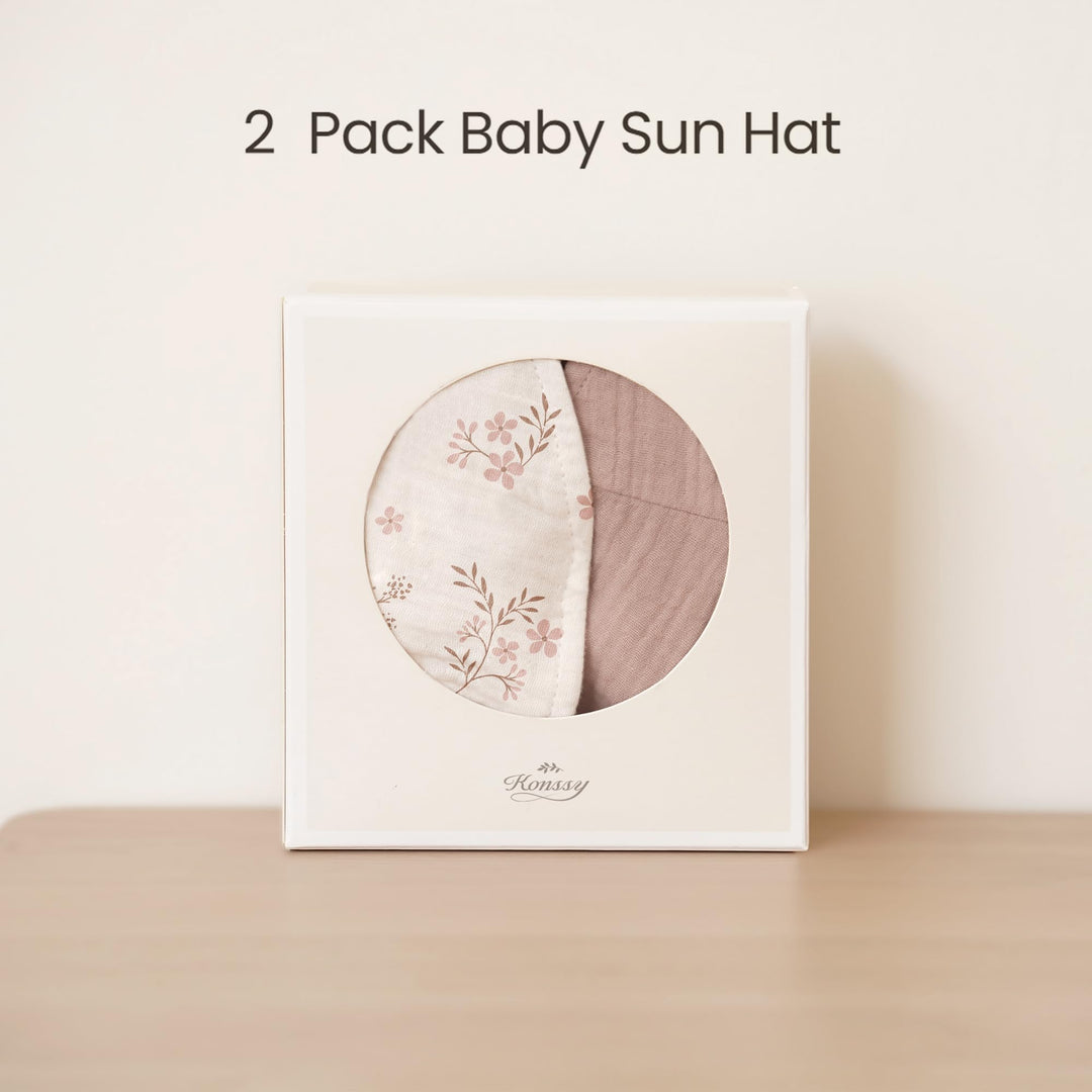 Konssy 2-Pack Muslin Baby Girl Sun Hats with Wide Brim, UPF 50+, 0-6& 6-12M - Soft Blooms-taupe - image 3