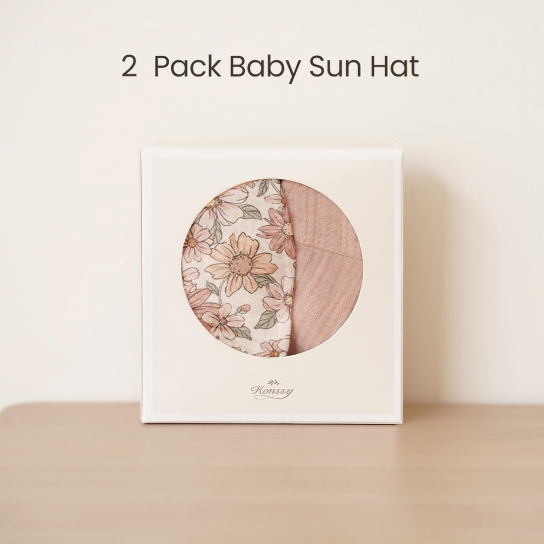 Konssy 2-Pack Muslin Baby Girl Sun Hats with Wide Brim, UPF 50+, 0-6& 6-12M - Vintage Petals-pink - image 3