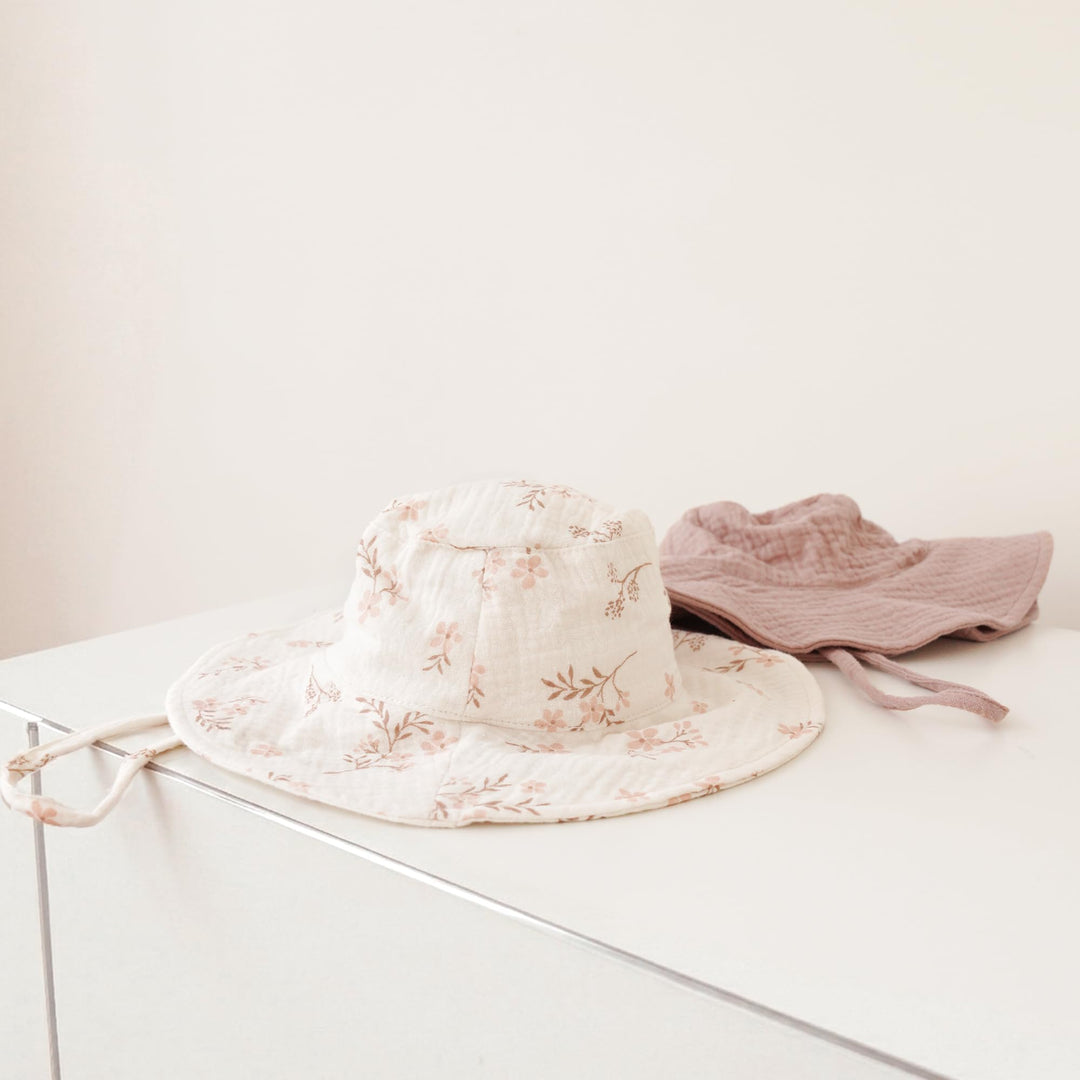 Konssy 2-Pack Muslin Baby Girl Sun Hats with Wide Brim, UPF 50+, 0-6& 6-12M - Soft Blooms-taupe - image 4