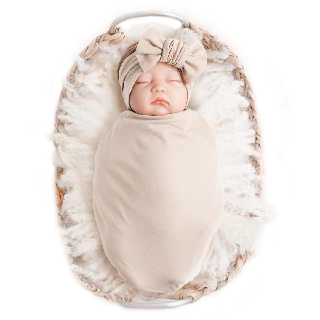 Konssy Baby Blanket & Headband Set, 32 x 32 Inch Swaddle Receiving Blanket - Oat - image 1