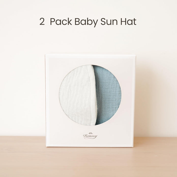 Konssy 2-Pack Muslin Baby Girl Sun Hats with Wide Brim, UPF 50+, 0-6& 6-12M - Blue-white - image 6