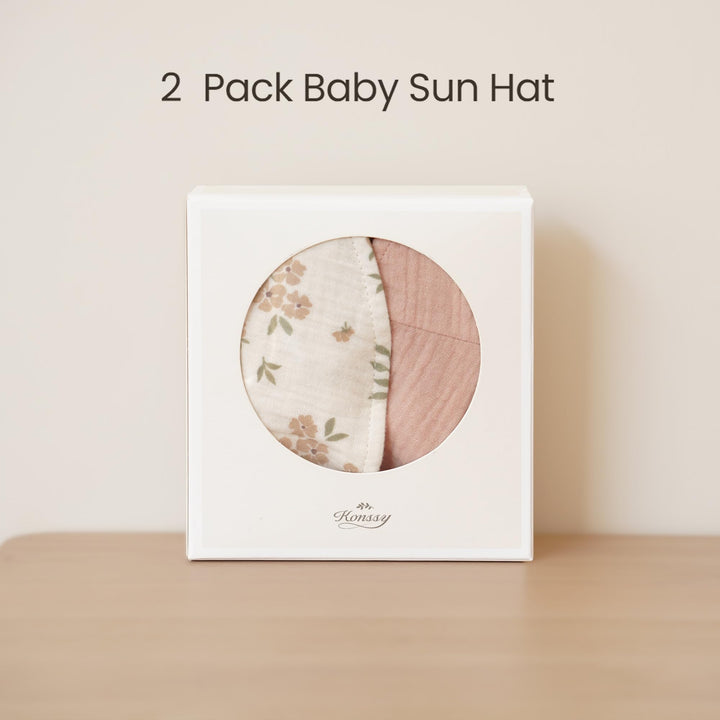 Konssy 2-Pack Muslin Baby Girl Sun Hats with Wide Brim, UPF 50+, 0-6& 6-12M - Pink-floral - image 6