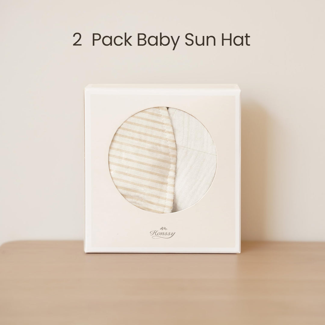 Konssy 2-Pack Muslin Baby Girl Sun Hats with Wide Brim, UPF 50+, 0-6& 6-12M - Apricot Stripe-white - image 5