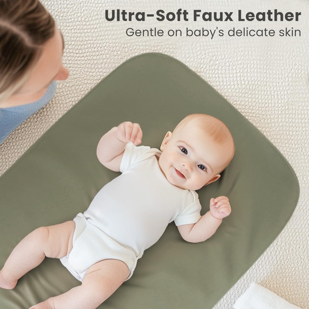 Konssy Faux Leather Baby Changing Mat 2 Pack, Oval, 30"x17" - Fog Green,Beige - image 3