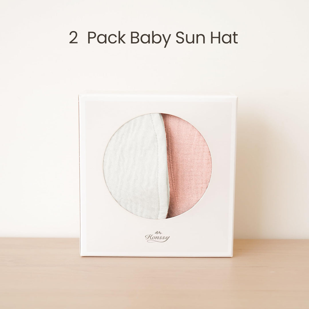 Konssy 2-Pack Muslin Baby Girl Sun Hats with Wide Brim, UPF 50+, 0-6& 6-12M - Pink-white - image 5