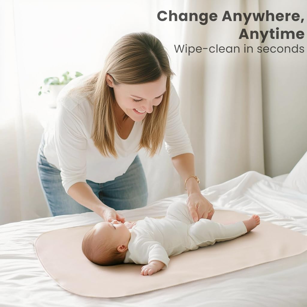 Konssy Faux Leather Baby Changing Mat 2 Pack, Oval, 30"x17" - Fog Green,Beige - image 4