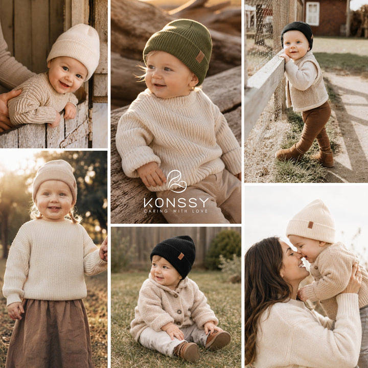 Konnsy 4 Pack Baby Beanie Warm Winter Hats for Newborn Infant Boys Girls | Cozy Double-Layer Knitted Warm Cap, Extra-Soft, Stretch Beanies Without Tight Marks, Multicolor set, Baby Beanies 0-6 Months
