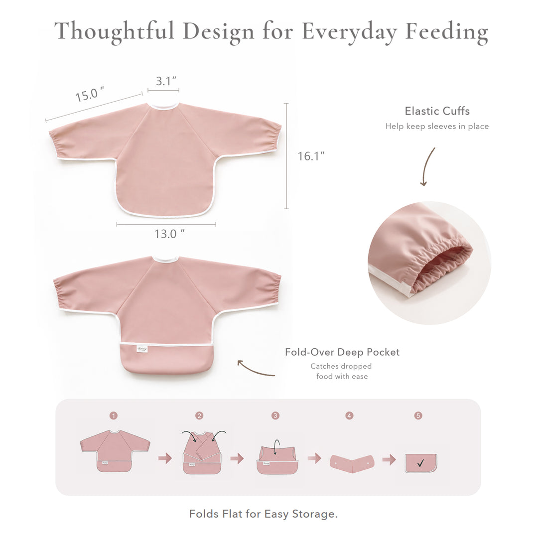 Konssy Long Sleeve Baby Bibs for Eating, Soft-Touch PU Waterproof Feeding Smock with Catch-All Pocket, Full Coverage Bib with Sleeves