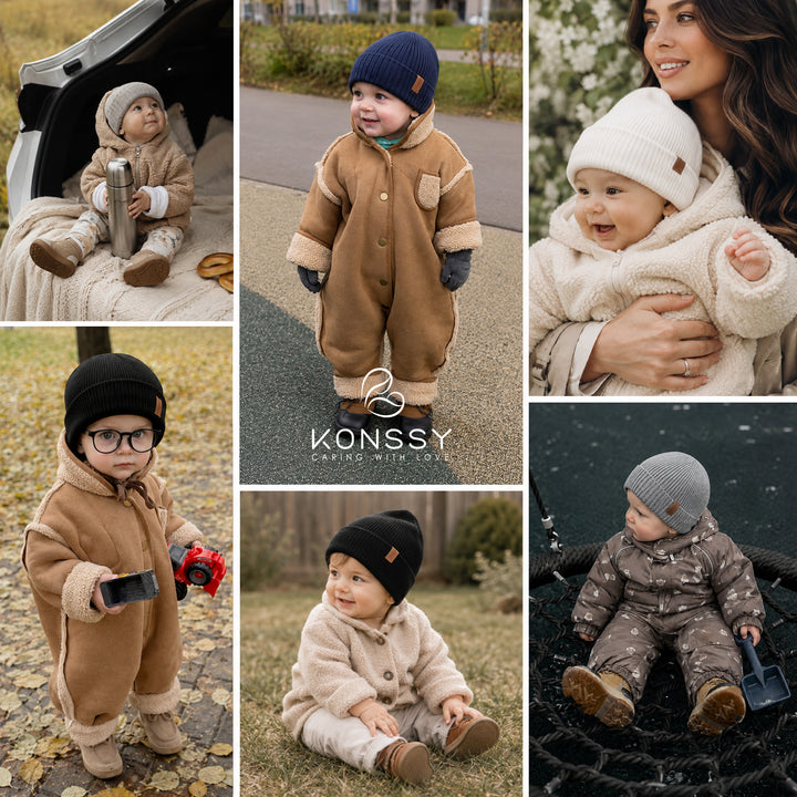 Konnsy 4 Pack Baby Beanie Warm Winter Hats for Newborn Infant Boys Girls | Cozy Double-Layer Knitted Warm Cap, Extra-Soft, Stretch Beanies Without Tight Marks, Multicolor set, Baby Beanies 0-6 Months