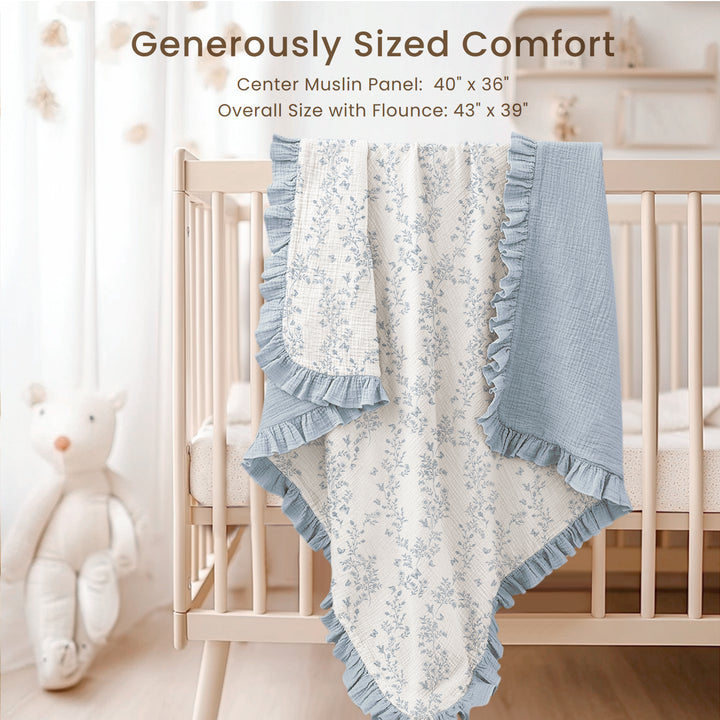 Konssy 100% Cotton Muslin Baby Blanket with Ruffle Trim for Girls, 43"x39" Reversible Design, Ultra Soft & Lightweight, for Swaddling, Crib, Stroller & Nursery Use, from Newborn to Toddler