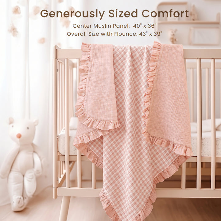 Konssy 100% Cotton Muslin Baby Blanket with Ruffle Trim for Girls, 43"x39" Reversible Design, Ultra Soft & Lightweight, for Swaddling, Crib, Stroller & Nursery Use, from Newborn to Toddler