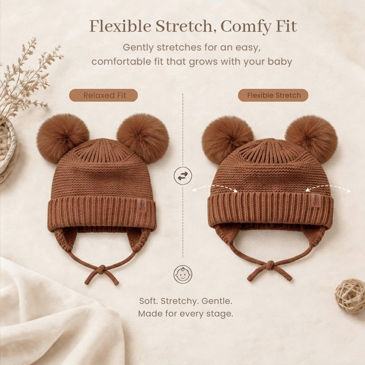 Konssy 2 Pack Baby Beanie Hat with Ear Flaps, Newborn Winter Hat 0-6 Months/60% Soft Cotton Lining to Help Retain Warmth, Secure Tie Closure, Comfy Double Pom-Pom Knit Winter Hat for Baby Boys Girls