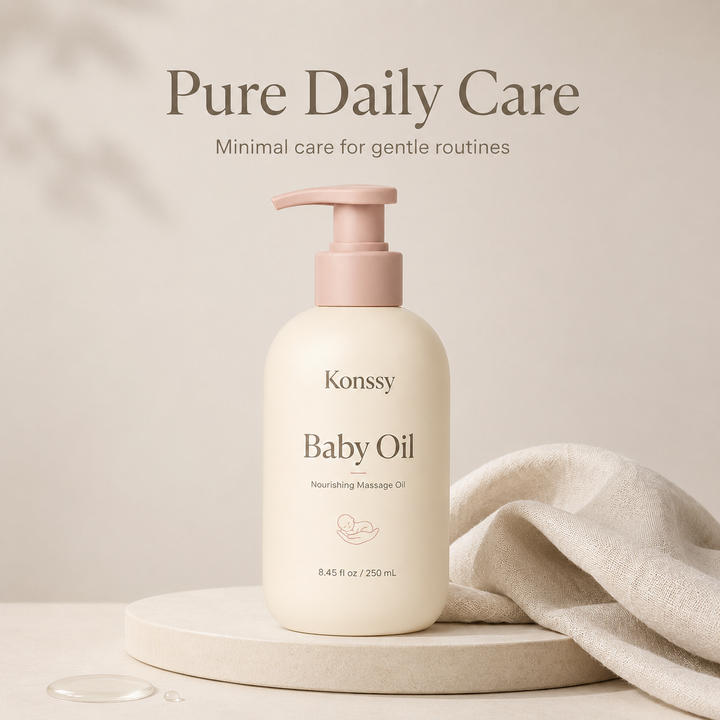 Konssy Baby Oil for Moisturizing and Massage, Lightweight Nourishing Massage Oil with Easy Pump, Daily Baby Skin Care Oil