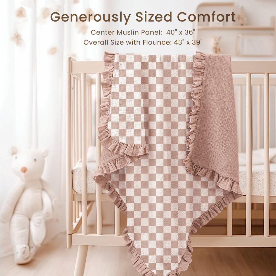 Konssy 100% Cotton Muslin Baby Blanket with Ruffle Trim for Girls, 43"x39" Reversible Design, Ultra Soft & Lightweight, for Swaddling, Crib, Stroller & Nursery Use, from Newborn to Toddler