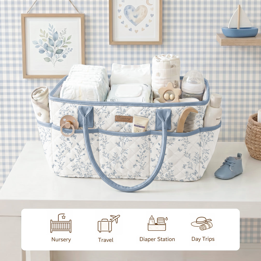 Konssy Quilted Diaper Caddy Organizer, Diaper Caddy Basket with Vegan Leather Handles, Water-Repellent Nursery Storage Basket, Portable Car Organizer, Registry Search Must Haves