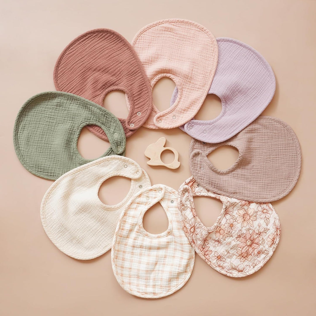 Konssy 8-Pack Muslin Baby Bibs, Adjustable Fit for Drooling and Teething Soft Absorbent, Drool Bibs for Baby Boys Girls, Cotton Front with Fleece Backing, Newborn to Toddler 0-36M