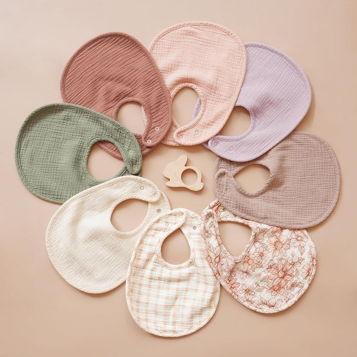 Konssy 8-Pack Muslin Baby Bibs, Adjustable Fit for Drooling and Teething Soft Absorbent, Drool Bibs for Baby Boys Girls, Cotton Front with Fleece Backing, Newborn to Toddler 0-36M