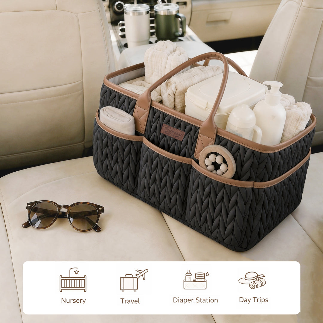 Konssy Baby Diaper Caddy Organizer, Braided Quilted Design with PU Handles | Water-Repellent, Portable Diaper Caddy Basket, Boho Nursery Organizer for Changing Table, Newborn Essentials