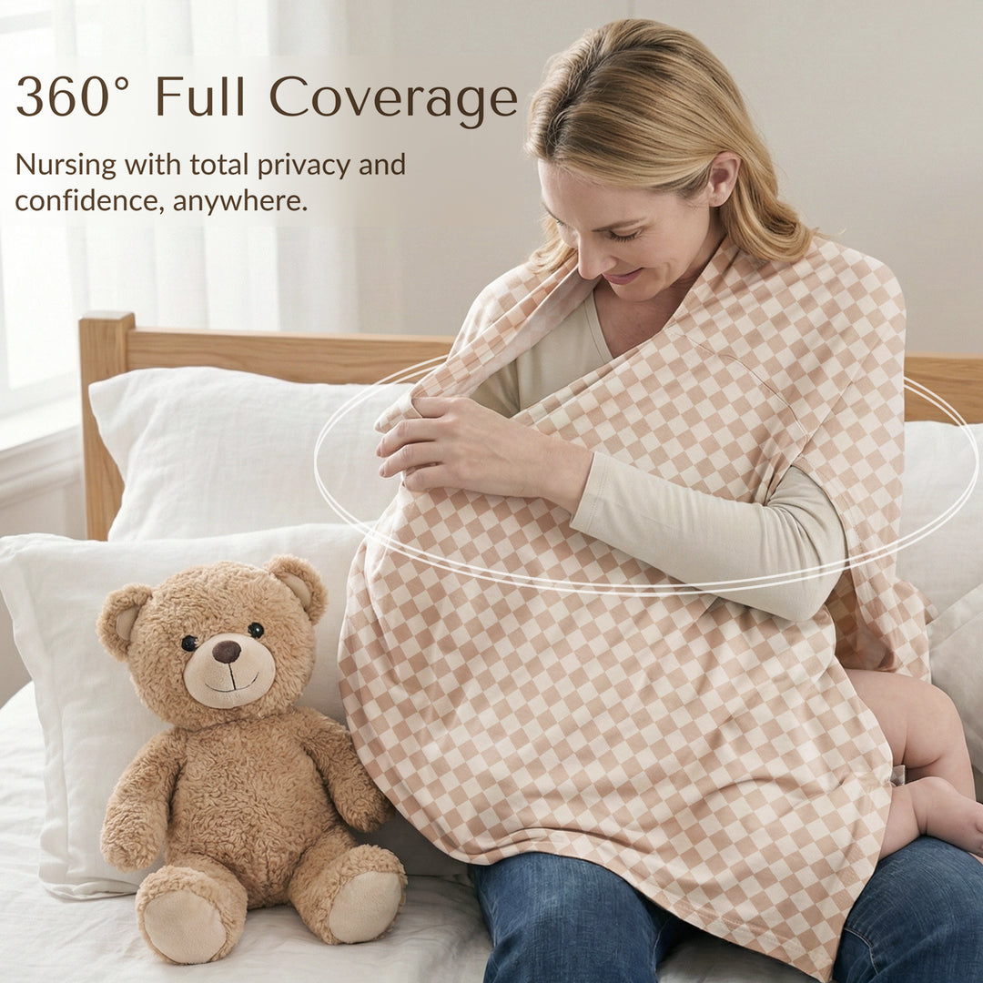 Konssy Rayon Made from Bamboo Nursing Cover for Breastfeeding, Buttery-Soft 360° Full Privacy Nursing Poncho, Breathable Stretchy Breastfeeding Cover, Multi-Use Car Seat Canopy (Baby Apricot Plaid)