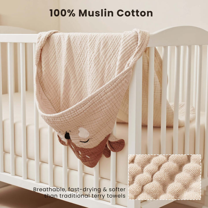 Konssy 2-Pack Muslin Baby Hooded Towels, 100% Cotton, Soft and Absorbent Baby Bath Towels for Newborn, Infant & Toddler with Animal Hooded Design