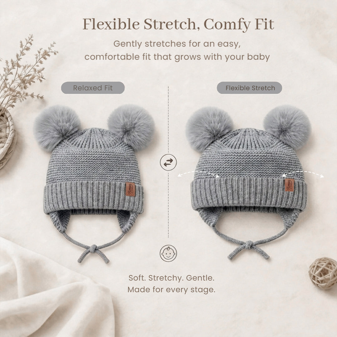 Konssy 2 Pack Baby Beanie Hat with Ear Flaps, Newborn Winter Hat 0-6 Months/60% Soft Cotton Lining to Help Retain Warmth, Secure Tie Closure, Comfy Double Pom-Pom Knit Winter Hat for Baby Boys Girls