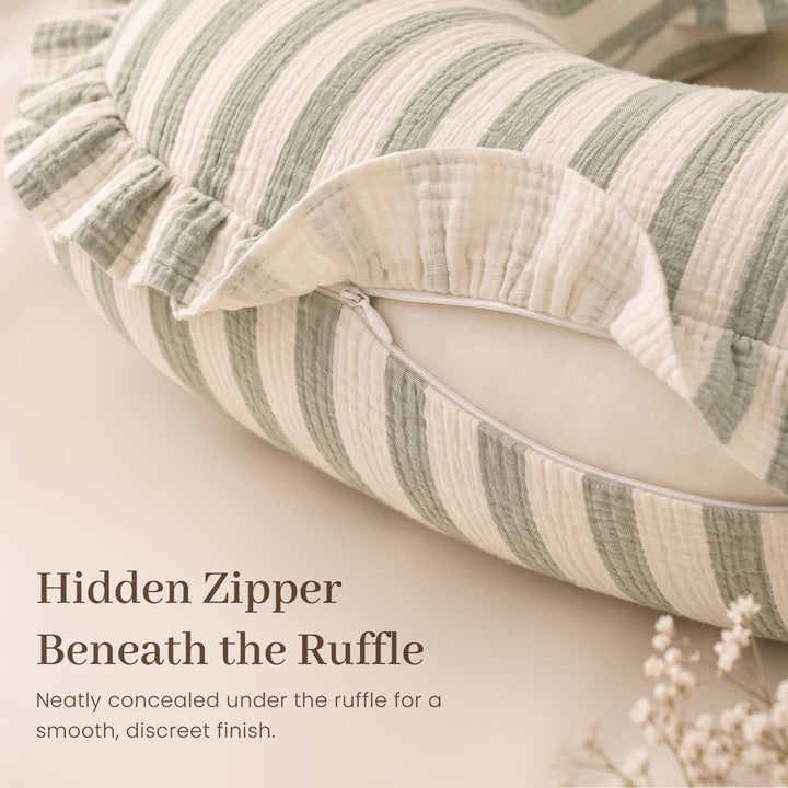 Konssy 100% Muslin Cotton Soft Nursing Pillow Covers with Ruffle Trim Covers Only, Breathable & Machine Washable Slipcover, Baby Breastfeeding Pillow Cover for Newborn Boys & Girls, in gift box
