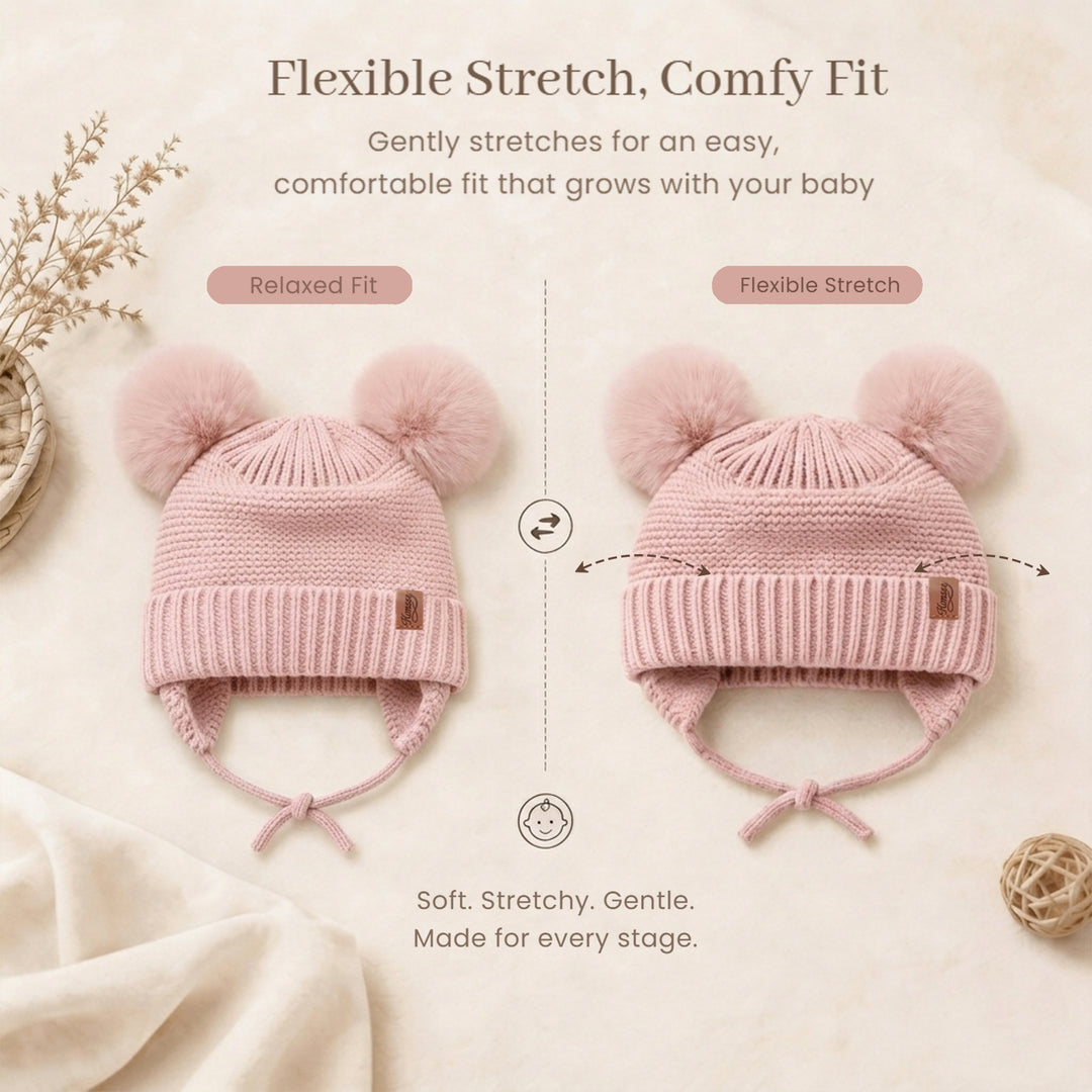 Konssy 2 Pack Baby Beanie Hat with Ear Flaps, Newborn Winter Hat 0-6 Months/60% Soft Cotton Lining to Help Retain Warmth, Secure Tie Closure, Comfy Double Pom-Pom Knit Winter Hat for Baby Boys Girls