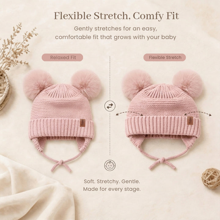 Konssy 2 Pack Baby Beanie Hat with Ear Flaps, Newborn Winter Hat 0-6 Months/60% Soft Cotton Lining to Help Retain Warmth, Secure Tie Closure, Comfy Double Pom-Pom Knit Winter Hat for Baby Boys Girls
