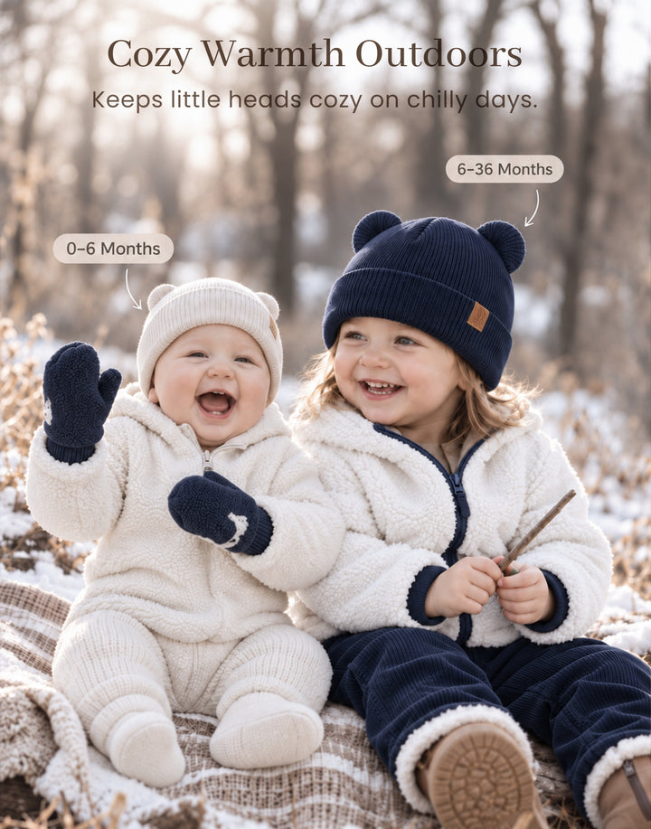 Konssy 4 Pack Baby Beanie with Bear Ear Warm Winter Hat for Newborn Infant Cozy Double-Layer Knitted Warm Cap, Extra-Soft Stretch Beanies, Multicolor Set, Baby Winter Hat for Boys and Girls 0-6 Months