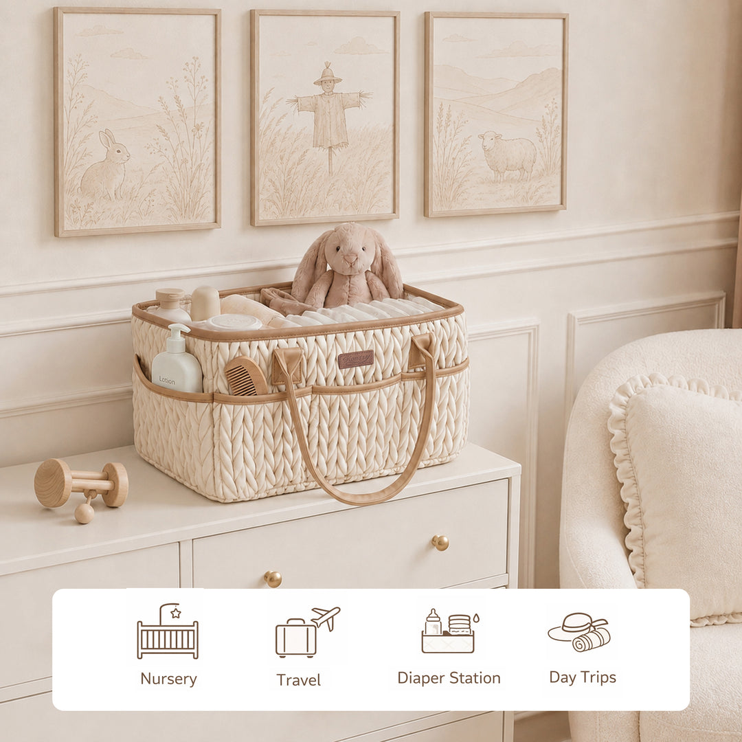 Konssy Baby Diaper Caddy Organizer, Braided Quilted Design with PU Handles | Water-Repellent, Portable Diaper Caddy Basket, Boho Nursery Organizer for Changing Table, Newborn Essentials