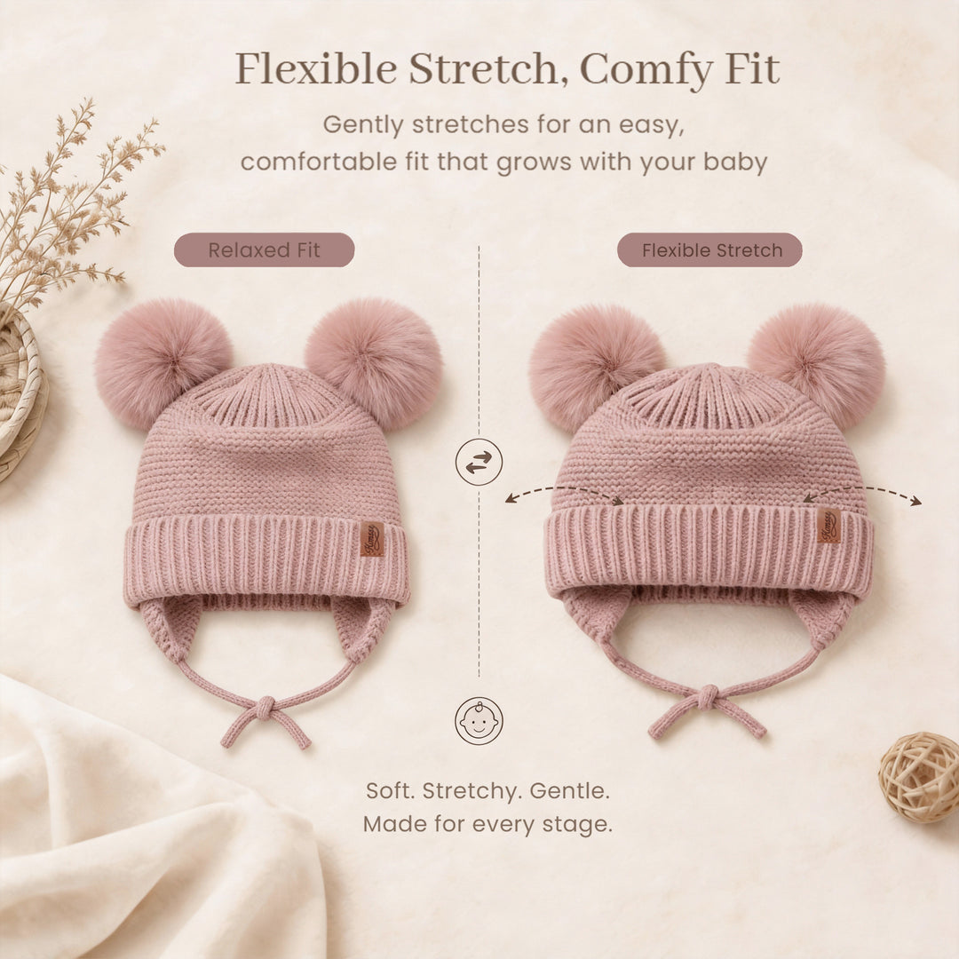 Konssy 2 Pack Baby Beanie Hat with Ear Flaps, Newborn Winter Hat 0-6 Months/60% Soft Cotton Lining to Help Retain Warmth, Secure Tie Closure, Comfy Double Pom-Pom Knit Winter Hat for Baby Boys Girls