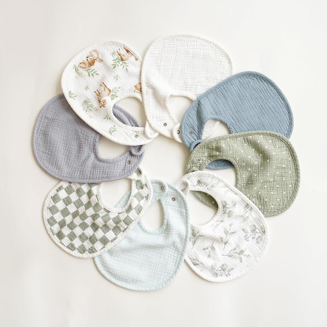 Konssy 8-Pack Muslin Baby Bibs, Adjustable Fit for Drooling and Teething Soft Absorbent, Drool Bibs for Baby Boys Girls, Cotton Front with Fleece Backing, Newborn to Toddler 0-36M