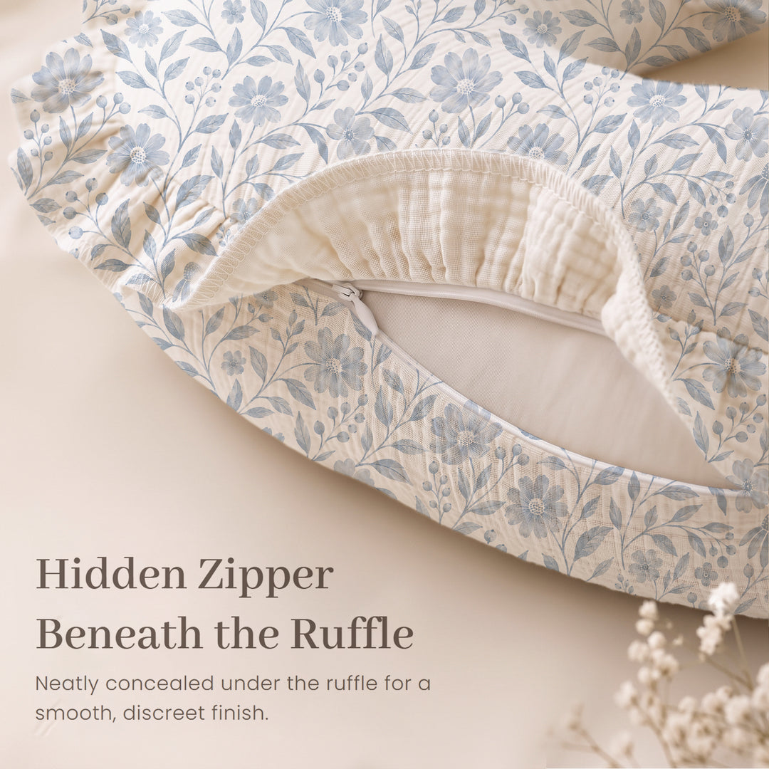 Konssy 100% Muslin Cotton Soft Nursing Pillow Covers with Ruffle Trim Covers Only, Breathable & Machine Washable Slipcover, Baby Breastfeeding Pillow Cover for Newborn Boys & Girls, in gift box