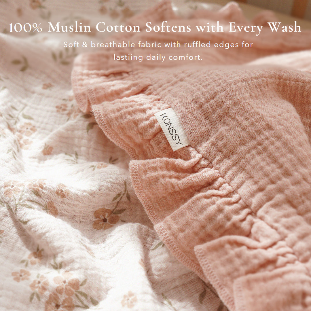 Konssy Flounce Muslin Baby Blanket for Girls Boys 47 x 47 Inches, 100% Cotton Soft Crib Swaddle Blankets, Reversible & Breathable Nursery Bedding for Newborns Toddlers (Blossom)