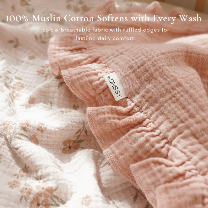 Konssy Flounce Muslin Baby Blanket for Girls Boys 47 x 47 Inches, 100% Cotton Soft Crib Swaddle Blankets, Reversible & Breathable Nursery Bedding for Newborns Toddlers (Blossom)