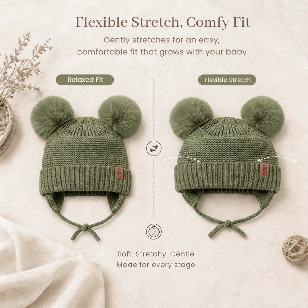 Konssy 2 Pack Baby Beanie Hat with Ear Flaps, Newborn Winter Hat 0-6 Months/60% Soft Cotton Lining to Help Retain Warmth, Secure Tie Closure, Comfy Double Pom-Pom Knit Winter Hat for Baby Boys Girls