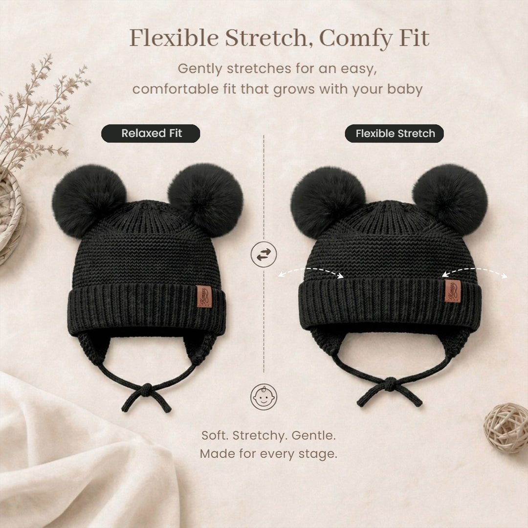 Konssy 2 Pack Baby Beanie Hat with Ear Flaps, Newborn Winter Hat 0-6 Months/60% Soft Cotton Lining to Help Retain Warmth, Secure Tie Closure, Comfy Double Pom-Pom Knit Winter Hat for Baby Boys Girls
