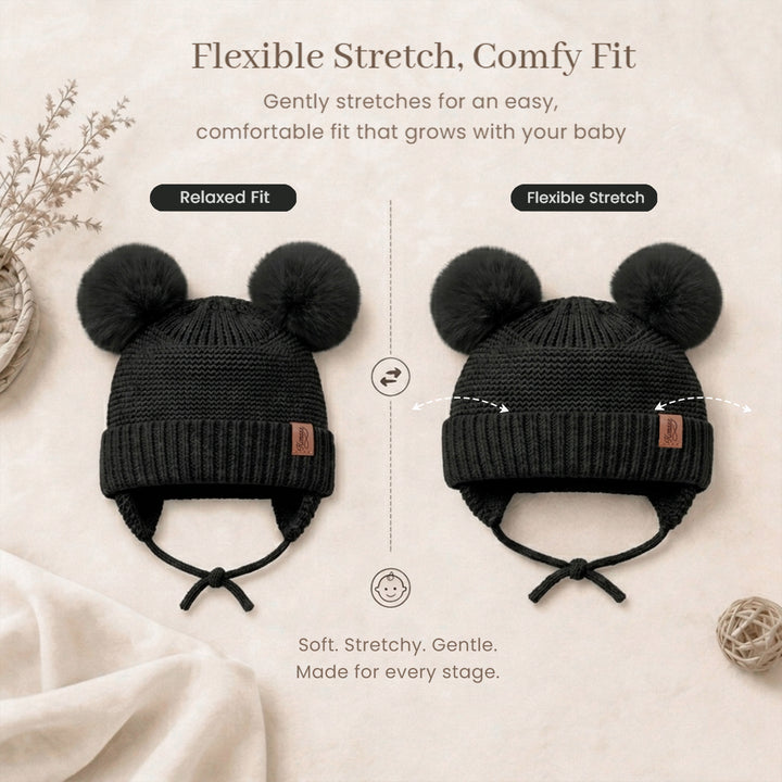 Konssy 2 Pack Baby Beanie Hat with Ear Flaps, Newborn Winter Hat 0-6 Months/60% Soft Cotton Lining to Help Retain Warmth, Secure Tie Closure, Comfy Double Pom-Pom Knit Winter Hat for Baby Boys Girls