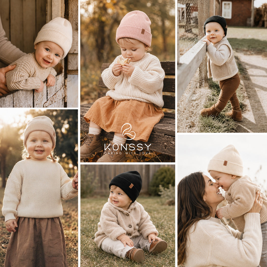 Konnsy 4 Pack Baby Beanie Warm Winter Hats for Newborn Infant Boys Girls | Cozy Double-Layer Knitted Warm Cap, Extra-Soft, Stretch Beanies Without Tight Marks, Multicolor set, Baby Beanies 0-6 Months