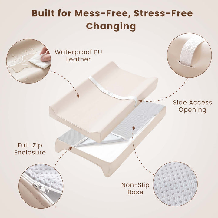 Konssy Vegan Leather Changing Pad Cover for Baby Girls Boys, 2 Pack Waterproof & Wipe-Clean Diaper Chang Table Covers, Soft Changing Pad Sheets (Fog Green,Beige)