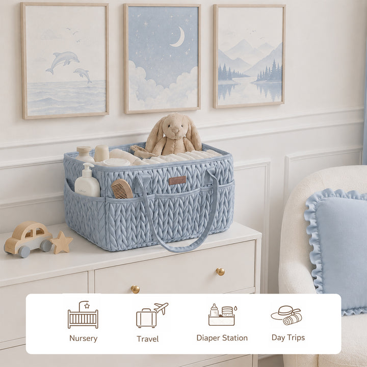 Konssy Baby Diaper Caddy Organizer, Braided Quilted Design with PU Handles | Water-Repellent, Portable Diaper Caddy Basket, Boho Nursery Organizer for Changing Table, Newborn Essentials